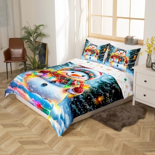 Manfei Lovely Snowman Kids Duvet Cover Set Full Size,Xmas Colorful Lanterns Snowflake Girls Boys Bedding Set,Winter Merry Christmas Room Decor,Rainbow Quilt Cover,2 Pillowcases(No Comforter) - Image 5