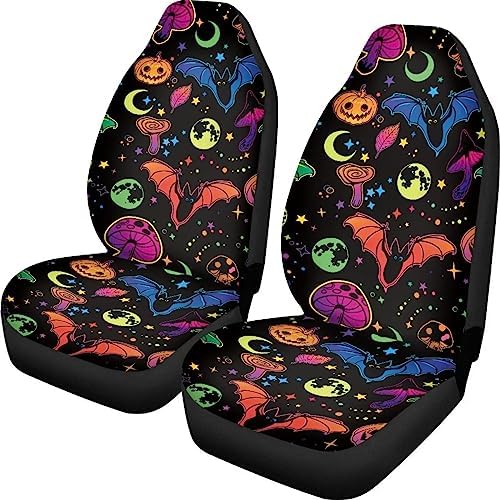2 Pcs Halloween Bat Car Seat Covers Colorful Stars Moon Mushroom Auto Seat Cover for Front,Non Slip Dust Proof Vehicle Bucket Seat Cushion Protection Accessory Halloween Decor