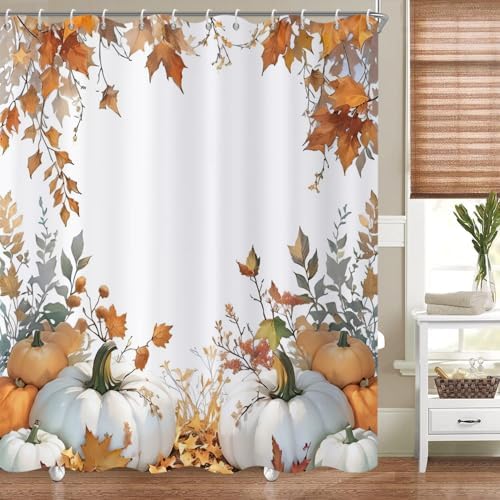 Fall Pumpkin Shower Curtain, Watercolor Autumn Harvest Pumpkins with Falling Maple Leaves Thanksgiving Day Bathroom Curtain Waterproof Fabric Machine Washable with Hooks, 60" Wx72 L - Image 3