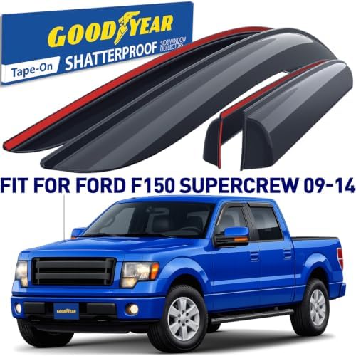 Goodyear Shatterproof Window Deflectors for Ford F-150 SVT Raptor 2011-2014 SuperCrew, Tape-on Rain Guards, Window Visors,Vent Deflector Visor, Car Accessories,4 pcs. - GY008518
