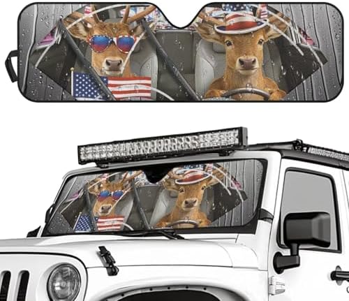 Renewold Windshield Sun Shade Sun Visor Shield Fit for Jeep Wrangler JK JKU JL JLU 1997-2023 2/4 Door Gladiator JT 2020-2023 Fully Covered Foldable Front Sunshade Blocks UV Heat Funny Elk Deer Driving