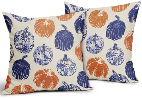 Blue Orange Pumpkin Fall Pillow Covers 18x18 Set of 2 Chinoiserie Autumn Thanksgiving Grandmillennial Decorative Throw Pillows Outdoor Farmhouse Cushion Case Seasonal Decor for Couch Sofa Bed - Image 2