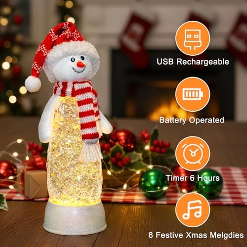 Christmas Snowman Snow Globes Lantern Musical Lighted Water Lantern Snow Globe Swirling Glitter Snowglobes with 6H Timer USB Operated Snowglobe Christmas Decoration for Home & Gift- Red Hat - Image 4