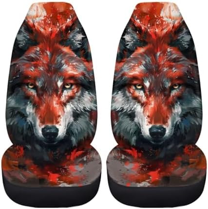 Gray-red Wolf Print Car Front Seat Cover Set of 2, Universal Fit, Made of Soft Polyester, Easy to Install, Edgy Style — Fits Most Vehicles