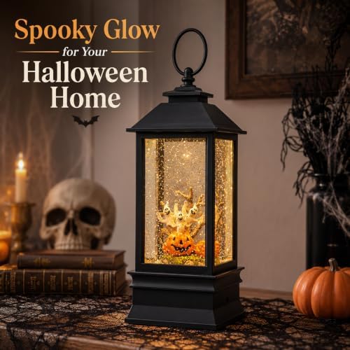 Halloween Snow Globe Lantern Water Glittering Spooky Ghosts in Pumpkins with Music, USB Lined/Battery Operated Lighted Lantern for Halloween Festival Decoration Gifts - Image 3