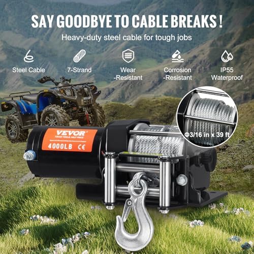 VEVOR Electric Winch, 4000 lb Line Pull Capacity, 12V DC ATV/UTV Winch with Φ3/16 in x 39 ft 7 Strands Steel Cable Roller Fairlead Wireless & Wired Remote Control, IP55 Waterproof for Towing UTV ATV - Image 4