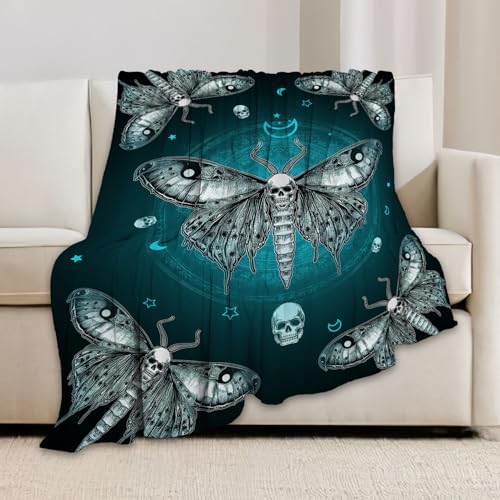 Moth Blanket Gothic Moth Throw Blankets Witchy Skull Print Cozy Fleece Flannel Stuff Plush Lightweight Dark Bedding Lover Gifts for Men Women Adults for Couch Sofa Bed Decor 60"X80" - Image 3