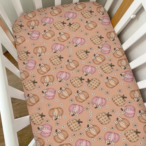 Boho Fall Pumpkin Bows Plaids Baby Crib Sheets for Boy Girl Autumn Pumpkins Floral Checks Soft Snug Fitted Crib Mattress Covers for 52''x28'' Standard Crib & Toddler Mattress Thanksgiving Baby Sheet by Unknown