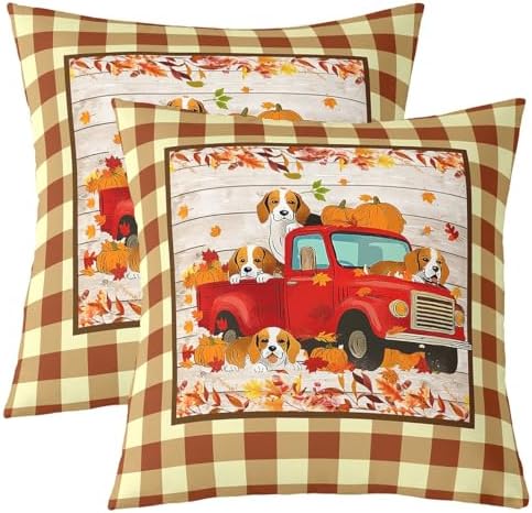 Autumn Truck 2 Pack Pillow Covers,Rustic Maple Leaves Pumpkin Cute Puppy Dog Reversible Print Cushion Covers,Thanksgiving Day Retro Brown Plaids Patchwork Couch 20"x 20" Pillow Covers by Manfei