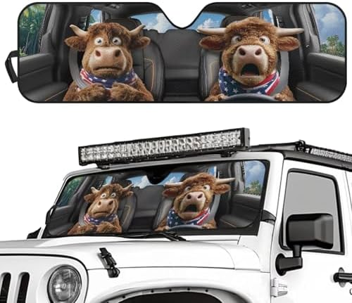 Renewold Auto Front Windshield Sun Shade Compatible with Jeep Wrangler Car Window Easy Install Sunshade Cover UV Glare Heat Sunlight Blocker Sun Visor for Jeep Gladiator JT Funny Highland Cow Driving