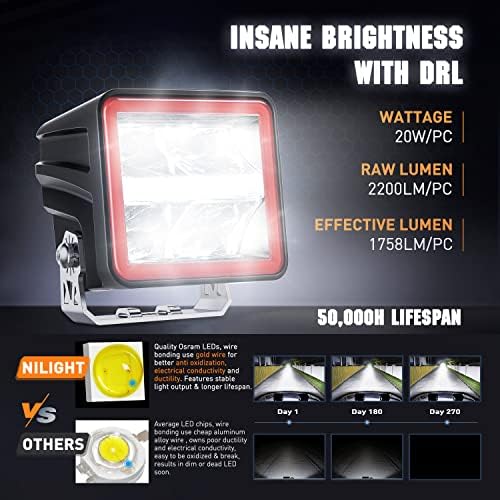 Nilight 3" Cube LED Pod Light with Amber DRL, 20W 2200LM