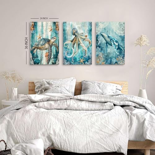 Blue Underwater World Wall Art Coastal Dolphin Decor for Bathroom Ocean Sea Turtle Marine Life Painting Beach Starfish Seascape Photo Prints Picture Nautical Artwork Nursery Home Decorations 24x36" 3P - Image 3
