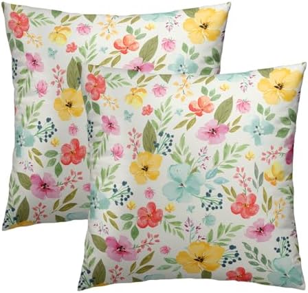 Sweetshow Spring Watercolor Flowers Throw Pillow Covers 16X16 Inches Set of 2 Colorful Floral Green Leaves Pillowcase Soft Cotton Square Seasonal Cushion Covers for Living Room Sofa Bedroom Decor by Sweetshow