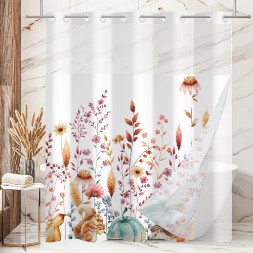 No Hook Shower Curtain with Snap in Liner, Hotel Style Watercolor Fall Autumn Pumpkins Animals Thanksgiving Shower Curtain Waterpoof Washable with See Through Top Window,71"x71" - Image 2