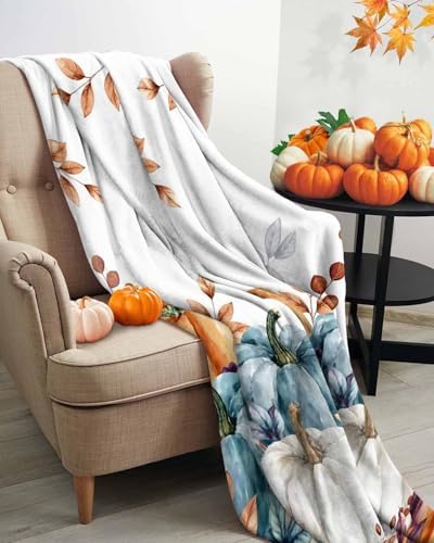DecorLovee Orange Blue Grey Fall Blanket 40"x60", Reversible Pumpkins Throw Blanket for Couch/Bed, Botanical Thanksgiving Lightweight Soft Throw Blanket for Boys, Warm Fuzzy Blankets for Winter - Image 3