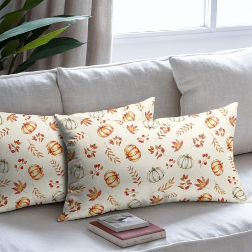 Fall Pumpkin Lumbar Pillow Covers 12x20 Set of 2 Orange Beige Maple Leaves Pattern Outdoor Throw Pillows Covers Autumn Thanksgiving Harvest Decorative Farmhouse Cushion Case for Room Couch Sofa - Image 7