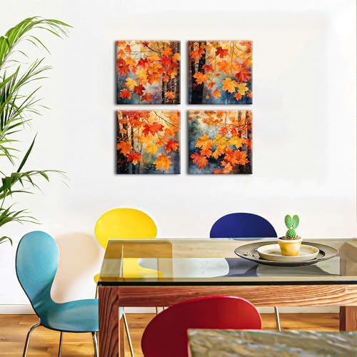 Fall Wall Art Maple Leaves Prints Canvas Decor Watercolor Aesthetic Red Yellow Plant Leaf Pictures for Living Room Bedroom Autumn Country Forest Painting Artwork Kitchen Home Decorations 20x20” 4 Pcs - Image 2