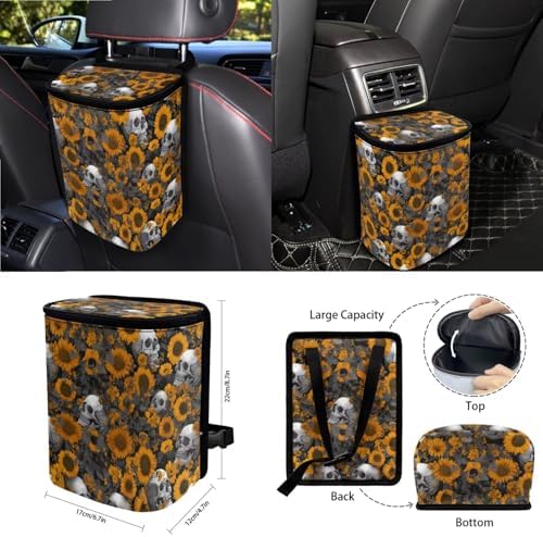 Gothic Skulls Sunflower Print 15Pcs Car Seat Cover Full Set Car Steering Wheel Cover Seat Belt Cover Trash Bin Air Vent Storage Box Front Rear View Mirror Car Cup Holder Keychain