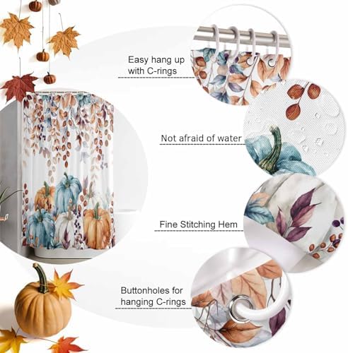 LooPoP Fall Shower Curtain Autumn Maple Leaves Bathroom Curtains with Hooks, Waterproof Polyester Fabric Thanksgiving Harvest Pumpkin Shower Curtains Set for Bathroom Bathtubs Decor 72x96 Inch - Image 6