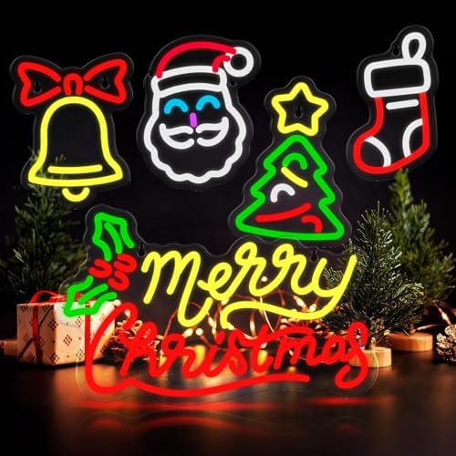 5 Pcs Christmas Neon Sign Merry Christmas Santa Claus Bells Xmas Tree LED Lights Winter Neon Lights USB Window Wall Bar Living Room Decor for Winter Xmas Party Holiday Night Bedroom Gifts - Image 6