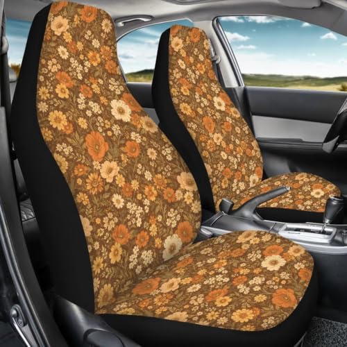Talayituse Vintage Brown Floral Print Car Seat Cover for Front Seats, Stretchy Soft Vehicles Seat Cover Universal Fit High Back Car Interior Accessories for SUV Van Sedan
