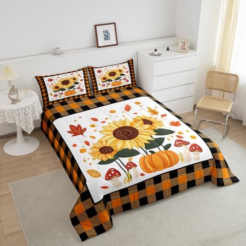 Erosebridal Sunflower Pumpkins Kids Comforter Set | Autumn Fall Pumpkin Decor Bedding King,Yellow Sunflowers Decorations Down Comforter Happy Thanksgiving Duvet Set for Bedroom - Image 4