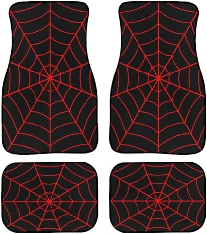 Spider Web Car Floor Mats Set of 4,Black Background with Red Spiderweb Halloween Pattern Vehicle Front Rear Carpets Mats Universal Car Rugs Bright Cobweb Pattern Car Accessories for Car Truck