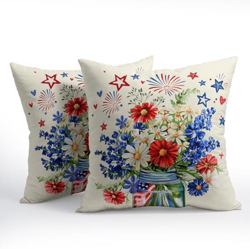 4th of July Pillow Covers 16x16 Set of 2, Patriotic Throw Pillow Covers Independence Memorial Day Pillowcase, Summer Floral Decorative Fourth of July Cushion Case Couch for Indoor Outdoor Home Decor - Image 2