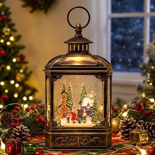 Christmas Snow Globe Lantern Water Glittering Town Home with Carolers, Music & Timer, USB Lined/Battery Operated Lighted Lantern for Christmas Festival Decoration Gifts by Qualdout
