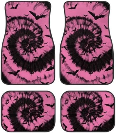 Pink Black Tie Dye Bat Print Funny Halloween Car Floor Mats 4 PCS, Cute Durable Interior Accessories for Car SUV, All Weather Floor Mats with Front Rear Trunk Liners Set for Party