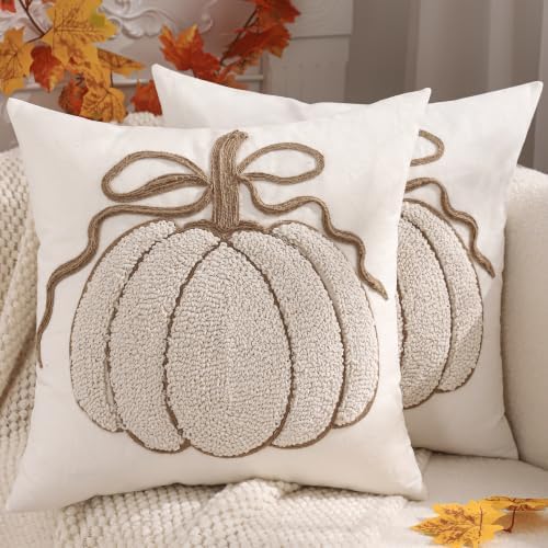 Fall Pillow Covers 18x18 Set of 2 Halloween Decor Beige Pumpkin by Tosleo