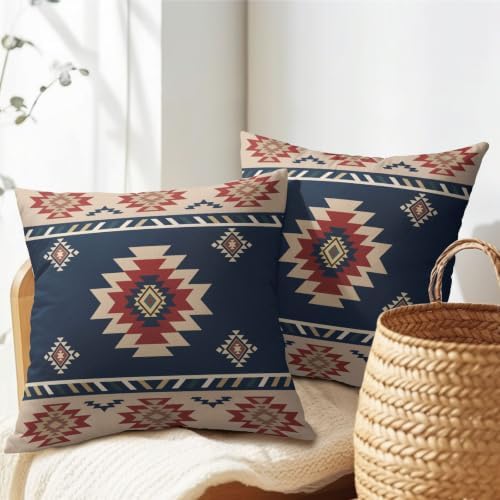 Sweetshow Blue Aztec Southwest Pillow Covers Set of 2 Linen 22x22 Inches - Image 5
