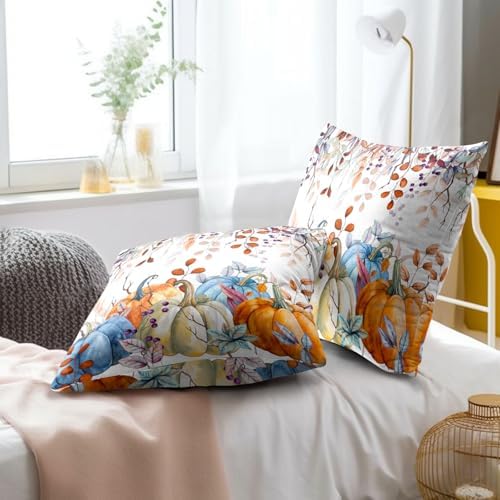 Sweetshow Orange and Blue Autumn Pumpkins Throw Pillow Covers 16X16 Inches Set of 2 Fall Maple Leaves Pillowcase Soft Cotton Square Thankgiving Cushion Covers for Home Sofa Patio Bedroom Decoration - Image 6