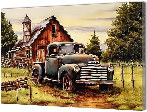 QIXIANG Farmhouse Vintage Truck Canvas Wall Art Blue Truck and Old Barn Country Picture Prints for Bathroom Office with Framed (12.00" x 18.00", Vintage) by QIXIANG