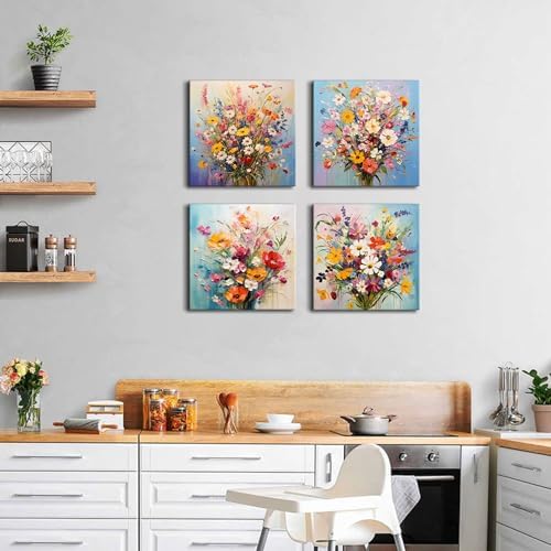 Modern Framed Colorful Wildflower Canvas Wall Art for Living Room Wild Flower Pictures Girls Bedroom Bathroom Decor Floral Prints Watercolors Pinting Bedroom Dinner Room Home Decorations 20x20”4 Pcs - Image 2