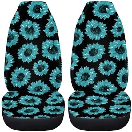Black Green Sunflower Print Car Seat Cover Colorful Cute Print Front Seat Covers 2 pcs, Vehicle Seat Protector Car Mat Covers, Fit Most Vehicle, Cars, Sedan, Truck, SUV, Van