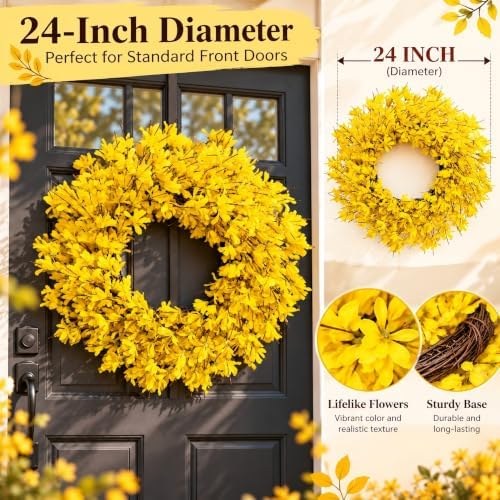 24 Inch Fall Wreath for Front Door Full Yellow Forsythia Wreath - Image 3