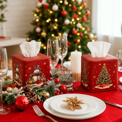 Thyle 2 Pcs Christmas Square Tissue Box Cover Red PU Leather Christmas Tree Snowman Tissue Box Holder Closure Xmas Decorations Cube Napkin Holder for Kitchen Car Home Office Living Room Bedroom - Image 5