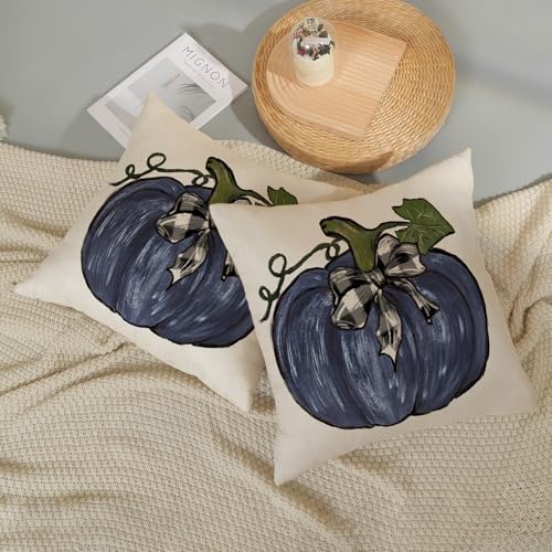 Fall Pillow Covers 18x18 Set of 2 Dark Blue Pumpkin Leaves Fall Decor Pillowcase Autumn Harvest Thanksgiving Decorative Outdoor Throw Pillow Covers Linen Farmhouse Cushion Case for Couch Home - Image 5