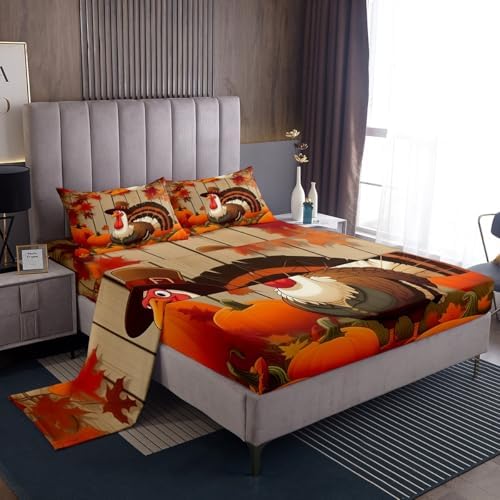 Feelyou Turkey Bed Sheets Set Twin Size Thanksgiving Harvest Season Fruit Decor Sheet Set for Kids Boys Girls Decor Fall Pumpkin Sheets with Deep Pocket Fitted Sheet Gamboge by Feelyou