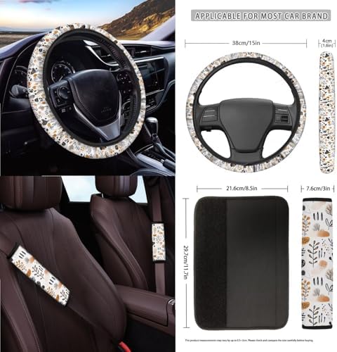 Boho Abstract Geometric Art Print 15Pcs Car Seat Cover Full Set Car Steering Wheel Cover Seat Belt Cover Trash Bin Air Vent Storage Box Front Rear View Mirror Car Cup Holder Keychain
