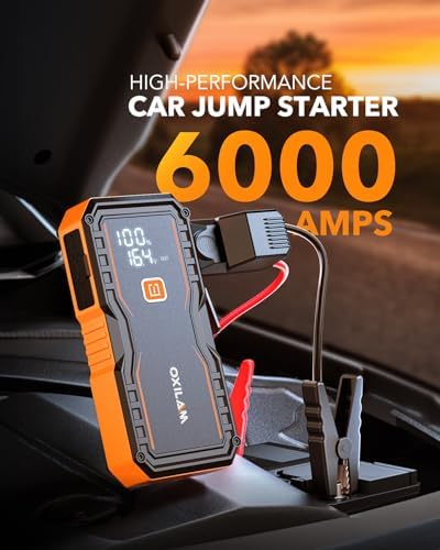 OXILAM Jump Starter 6000A for All Gas/12L Diesel, Car Battery Jumper Starter Portable, 12V Lithium Jump Box with Jumper Cables, LED Display, LED Light, Power Bank with USB, Type C Port - Image 2