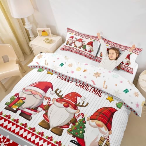 Manfei Cute Gnomes Kids Duvet Cover Set Twin Size,Merry Christmas Snowflake Dreamy Bedding Set,Girls Boys Adults Room/Cabin Decor,Happy New Year Comforter Cover,Red Romantic Quilt Cover,1 Pillowcase - Image 2