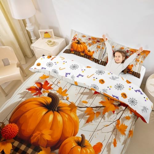 Erosebridal Fall Pumpkin Harvest Duvet Cover Twin Size, Country Cottage Decor Comforter Cover for Kids Teens Adult Bedroom, Brown Plaid Bedding Set Rustic Maple Autumn Leaves Bedspread Cover - Image 2
