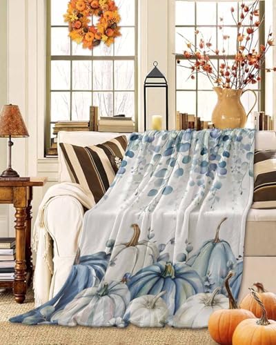 DecorLovee Blue Grey Fall Blanket 50"x60", Reversible Eucalyptus Leaves Throw Blanket for Couch/Bed, Thanksgiving Pumpkins Lightweight Soft Throw Blankets for Women, Warm Fuzzy Blankets for Winter - Image 2