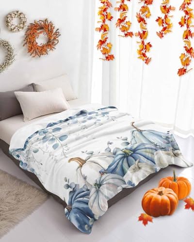 DecorLovee Blue Grey Fall Blanket 40"x60", Reversible Eucalyptus Leaves Throw Blanket for Couch/Bed, Thanksgiving Pumpkins Lightweight Soft Throw Blanket for Boys, Warm Fuzzy Blankets for Winter - Image 4