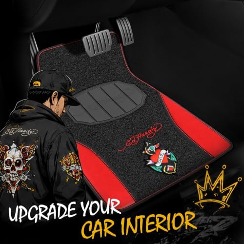 ED HARDY Heart Print Car Floor Mats, Carpet Floor Mats with Red Leather Design, Automotive Car Mats with Built-in Heel Pad & Anti-Slip Backing, Fits Most Cars, SUVs & Trucks, Durable & Odorless