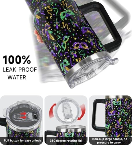 Mardi Gras Tumbler 40 oz Carnival Masks Tumbler Coffee Mugs Leak Proof Cups with Handle and Straw Stainless Steel Insulated Water Bottle for Mardi Gras Decor Gifts(1PCS) - Image 5