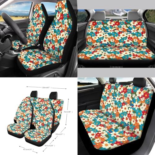 Colorful Hippie Daisy Print 15Pcs Car Seat Cover Full Set Car Steering Wheel Cover Seat Belt Cover Trash Bin Air Vent Storage Box Front Rear View Mirror Car Cup Holder Keychain