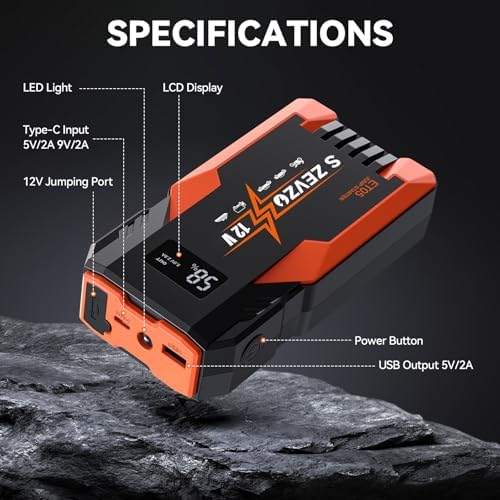 S ZEVZO ET05 Jump Starter 5000A Portable Car Jump Starter Battery Pack (7.2L Gas/ 5.5L Diesel), 51.8Wh 12V Jump Box with USB Ports, LCD Display and 3 Modes Flashlight - Image 6